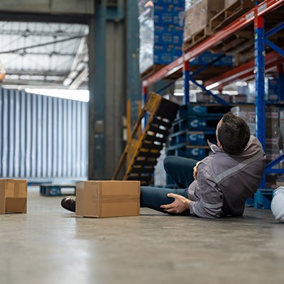 Un ouvrier qui semble avoir fait une chute dans un entrepôt
