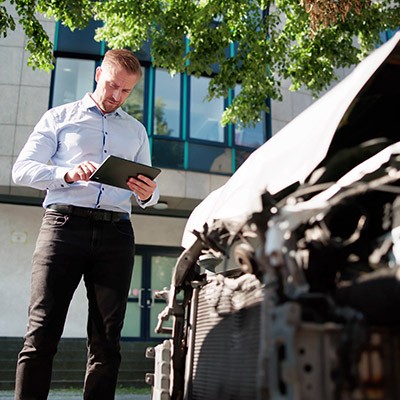 Un homme sur sa tablette contactant son assurance pour faire un constat