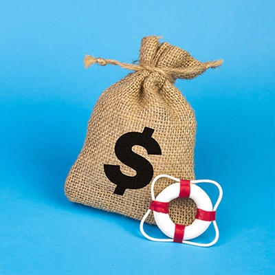 Une illustration avec une bouée et un sac d'argent